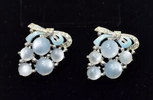 1930's Enamel Rhinestones & Blue Moonglow Cabochons Scarf Fur Clip Signed Duette